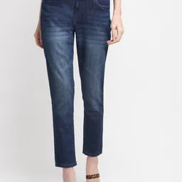 Cantabil Women Navy Blue Jean Straight Fit Heavy Fade Stretchable Jeans-picture-17