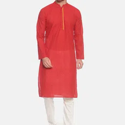 PAROKSH Men Red Woven Design Indie Prints Dobby Kurta-56