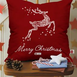 Indigifts Maroon & White Reindeer Printed Cushion-58