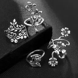 Yellow Chimes Unisex Set Of 4 Silver-Plated Oxidised Finger Rings-40