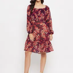 Imfashini Conversational Printed Puff Sleeves Georgette Gathered A-Line Dress-picture-12