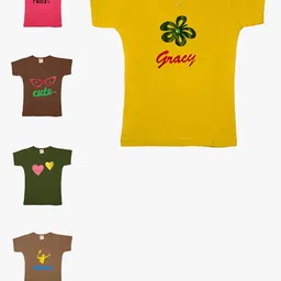 TINY HUG Girls Pack Of 5 Multicoloured Graphic Printed Slim Fit T-shirts-image-91