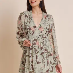 HERE&NOW Floral Printed V-Neck Cut-Out Detailed Georgette Fit & Flare Dress-image-81