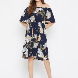 Ruhaans Women's  Floral Print Off-Shoulder Bell Sleeve Georgette Fit & Flare Dress-image-11