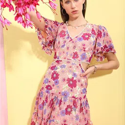 Tokyo Talkies Peach Floral Printed Cut-Out Tiered Fit & Flare Dress-image-28