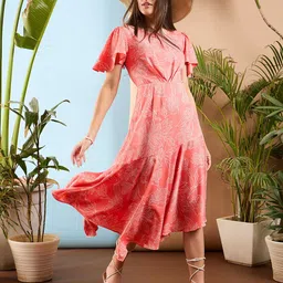 SASSAFRAS Floral Print Flared Sleeve Asymmetric Fit & Flare Maxi Dress-image-31