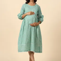 Ikk Kudi by Seerat Floral Print Puff Sleeve Fit & Flare Midi Maternity & Nursing Dress-picture-25