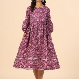 Ikk Kudi by Seerat Maternity Floral Print Pure Cotton Fit & Flare Midi Ethnic Dress-28
