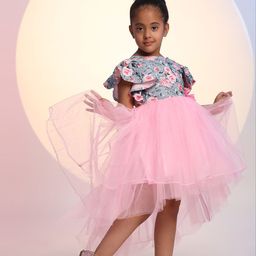 Toy Balloon kids Girls Floral Print Flutter Sleeve Applique Net Fit & Flare Midi Dress-15