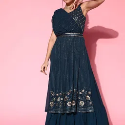 Sangria Women Embroidered A-Line Draped Flared Gown Ethnic Dress-picture-49