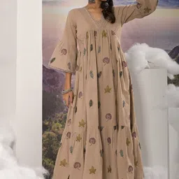 The Kapas Embroidered V-Neck Flared Sleeves Empire Cotton Ethnic Dress-picture-30