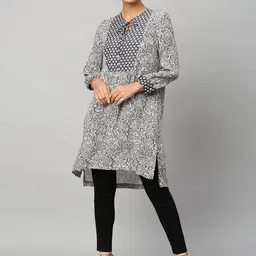 Modern Indian by CHEMISTRY Floral Printed Tie-Up Neck Straight Kurta-image-37