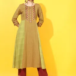 Vishudh Women Olive Green & Mustard Yellow Geometric Embroidered Kurta-image-48