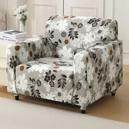 HOKIPO Brown & Grey 1 Seater Floral Printed Stretchable Sofa Cover With Arms-image-20