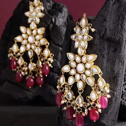 KARATCART Magenta Gold-Plated Kundan-Studded Handcrafted Floral Drop Earrings-15