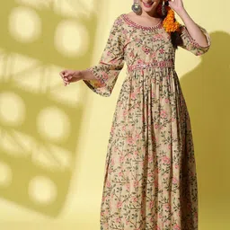 AAYUMI Floral Printed Flared Sleeves Mirror Work Pure Cotton A-Line Kurta-11