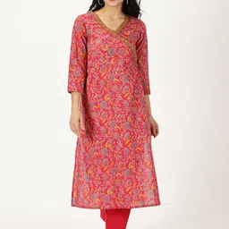 Saffron Threads Floral Printed V-Neck Sequinned Pure Cotton Angrakha Kurta-picture-7