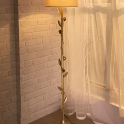 Homesake Beige & Golden Contemporary Metal Floral Floor Lamp with Khadi Shade-34