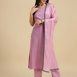 HERE&NOW Striped Sleeveless A-Line Kurta With Trousers & Dupatta-image-15
