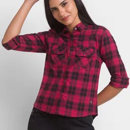 SPYKAR Women Red Tartan Checks Checked Casual Shirt-11