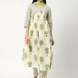 NH KAPDEWALA Floral Printed Pleated Regular Pure Cotton Kurta With Trousers & Dupatta-image-19