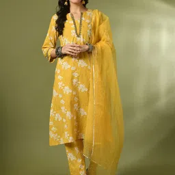 Sangria Floral Printed Pure Cotton Straight Kurta With Trousers & Dupatta-image-99