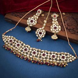 Sukkhi Gold-Plated Kundan Studded & Pearls Beaded Choker Jewellery Set-15