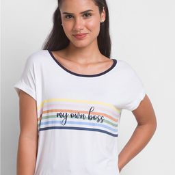 SPYKAR Women White Typography Striped Extended Sleeves Raw Edge T-shirt-image-79