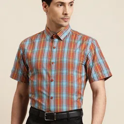 SOJANYA Men Rust Brown & Blue Tartan Checked Regular Fit Cotton Formal Shirt-image-54