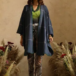 KHALEEJ Women Checked Asymmetric Closure Wool Longline Cape Jacket-picture-9