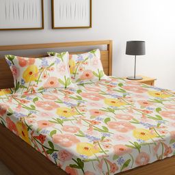 RAGO Beige & Orange Floral  Queen Bedsheet with 2 Pillow Covers-image-44