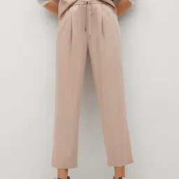 MANGO Women Beige High-Rise Pleated Solid Cropped Regular Trousers-image-61