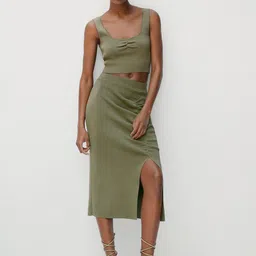 MANGO Olive Green Ruched Front Slit Straight Skirt-image-82