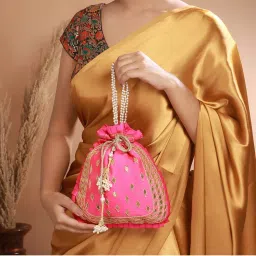 Priyaasi Glam Gota Patched Pink and Gold Potli Bag-picture-0