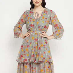 Bitterlime Floral Printed Tie-Up Neck Layered Fit & Flare Dress-image-33