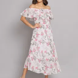 HELLO DESIGN Floral Printed Off-Shoulder Flared Sleeves Georgette Fit & Flare Midi Dress-picture-11