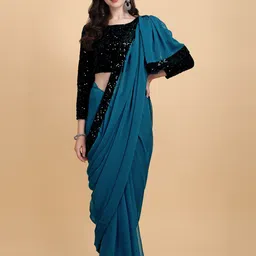 PMD Fashion Turquoise Blue & Black Embellished Sequinned Pure Georgette Saree-43