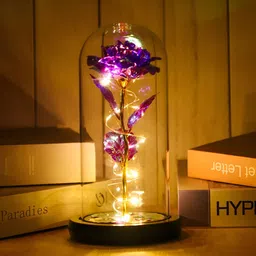 Gleevers Gold Toned & Purple Rose With Teddy Bear & LED Light In A Borosilicate Glass Dome-image-36