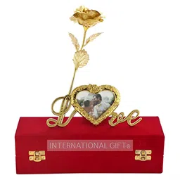 INTERNATIONAL GIFT Gold Toned Plastic Rose Flower With Leaf With Heart Photo Frame-image-65