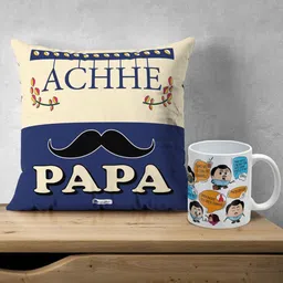 Indigifts Set Of Achhe Papa Print Pre-Filled Cushion & Dialogues Print Ceramic Coffee Mug-image-47
