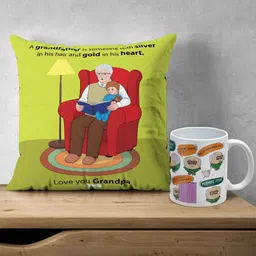 Indigifts Love You Grandpa Pre-Filled Cushion with Grandpa's Dialogues Ceramic Coffee Mug-image-45