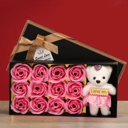 TIED RIBBONS Valentine Day Pink & White Artificial Rose Flower Box & Mini Teddy Gift Combo-17
