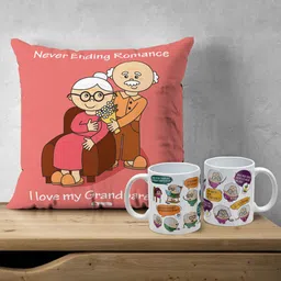 Indigifts Grandparents Never Ending Love Print Pre-Filled Cushion & Set of 2 Coffee Mugs-image-96