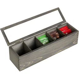 WHITEWHALE Grey & Transparent Wooden 5 Compartment Tea Bags Organizer With Glass Window-31