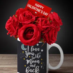 TIED RIBBONS Valentine Gifts Set of 12 Artificial Red Rose Flower Bunch with Mug & Card-17