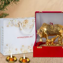 INTERNATIONAL GIFT Gold Toned 7 Pcs Kamdhenu Cow With Calf With Diya Gift Set-image-37