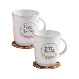 JCPL White & Pink 2 Pieces Happy Birthday Printed Ceramic Glossy Mugs 350 ml Each-image-73