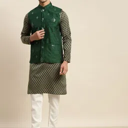 SOJANYA Men Green Ethnic Motifs Mirror Work Kurta with Churidar & Nehru Jacket-55