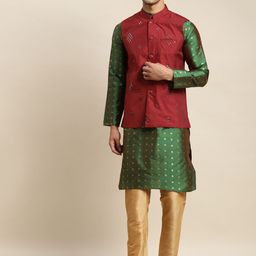 SOJANYA Men Green Mirror Work Kurta with Churidar & Nehru Jacket-picture-24