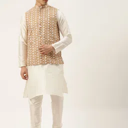 SOJANYA Men Off White Thread Work Kurta with Churidar & Nehru Jacket-picture-30